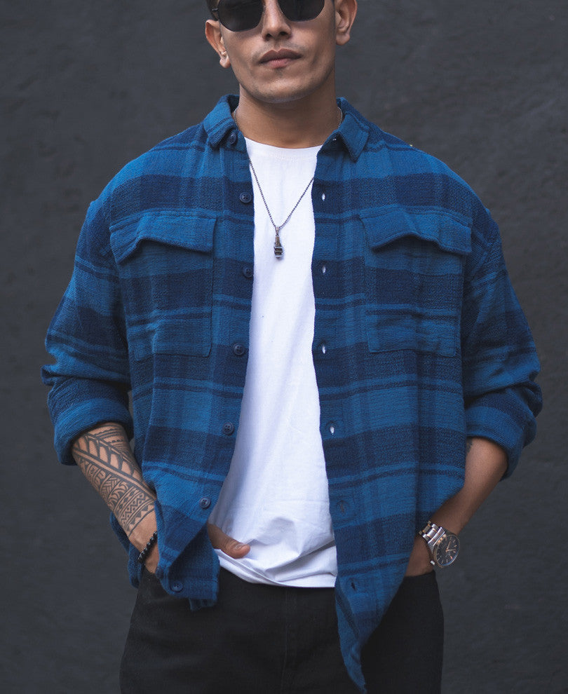 Blue Structured Checks Shacket Oversized Shirt