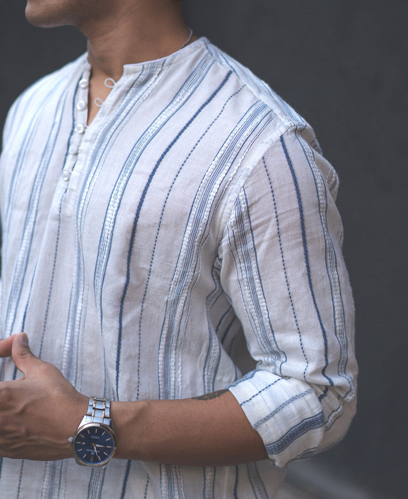 White Vertical Striped Kurta Style Shirt