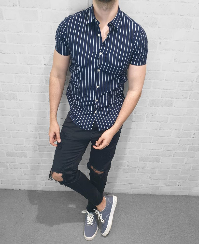 Navy Blue And White Stripe Half Sleeves Shirt