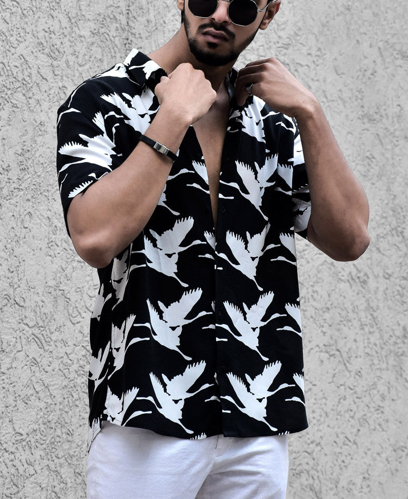 Black Swan Print Half Sleeves Shirt
