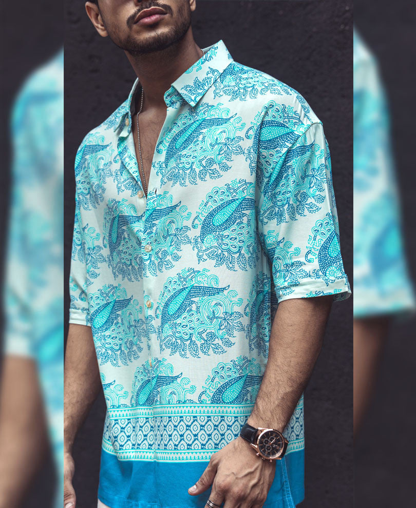 Green and Blue Ethnic Print Oversize Drop Shoulder Shirt
