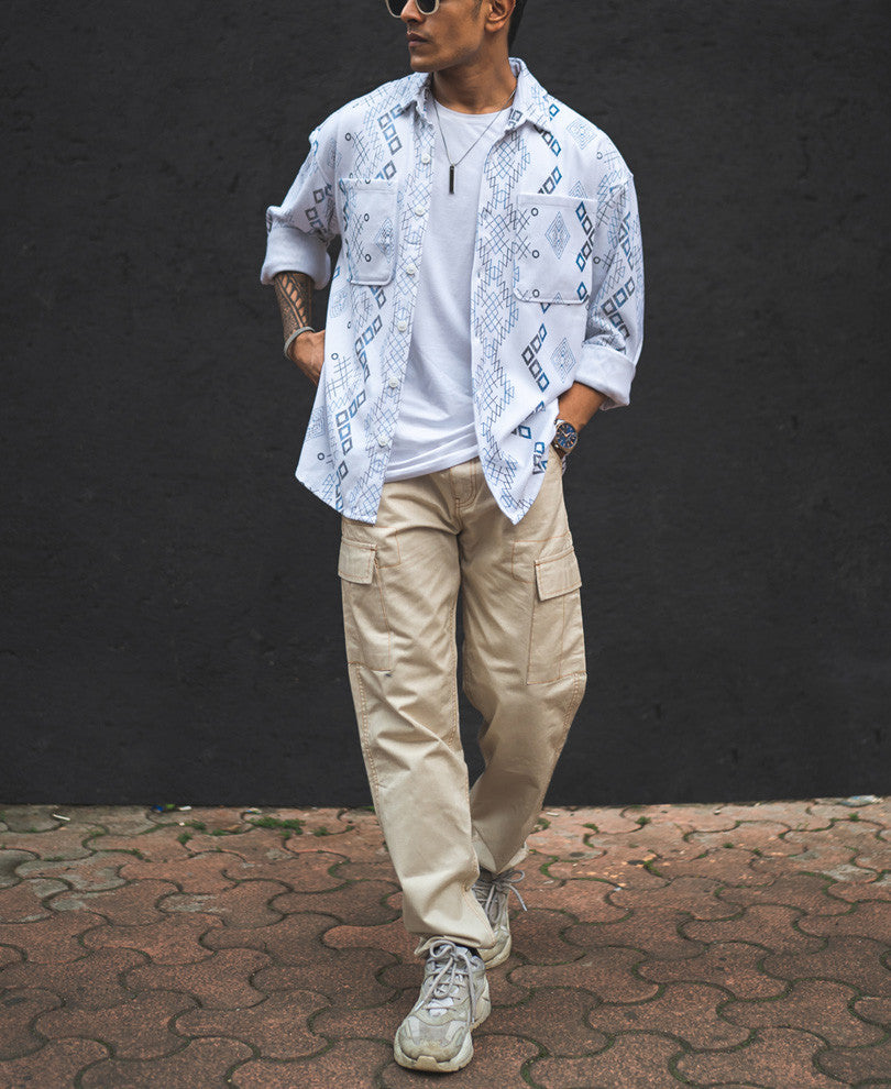 White Ethnic Print Oversized Shirt