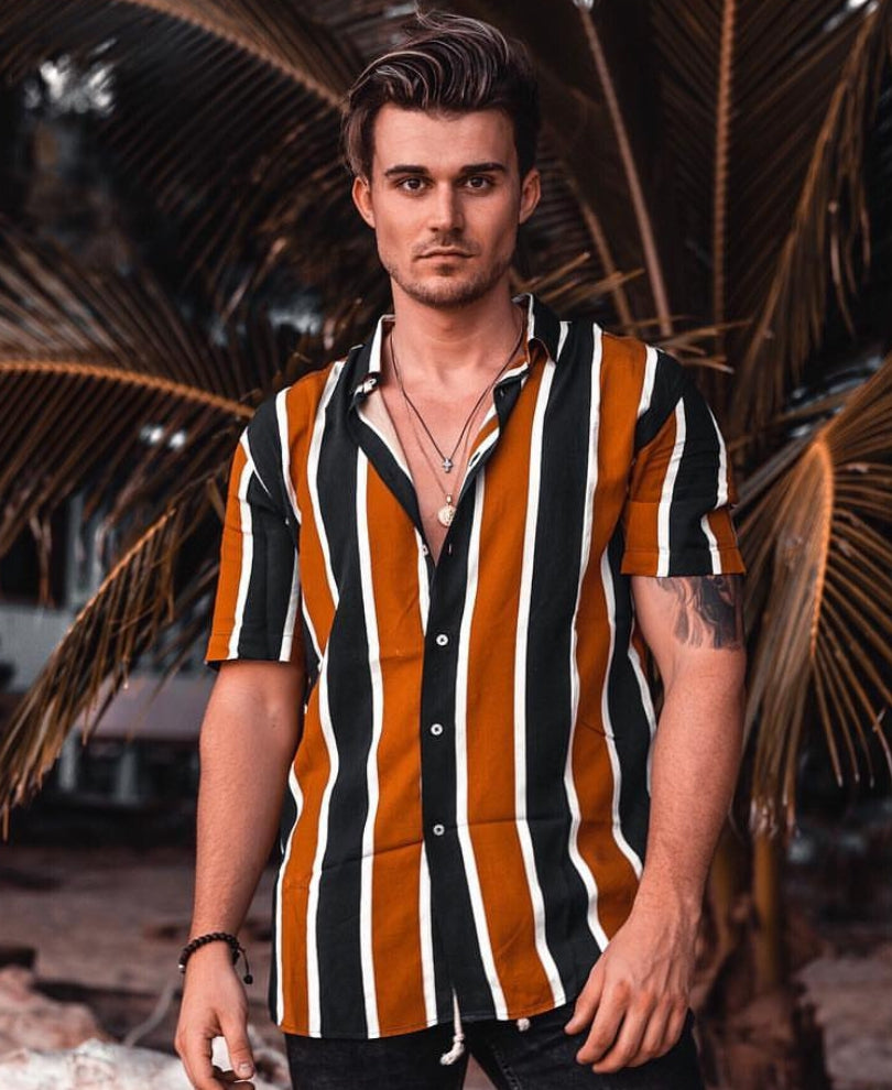 Mustard And Olive Green Stripes Print Half Sleeves Shirt