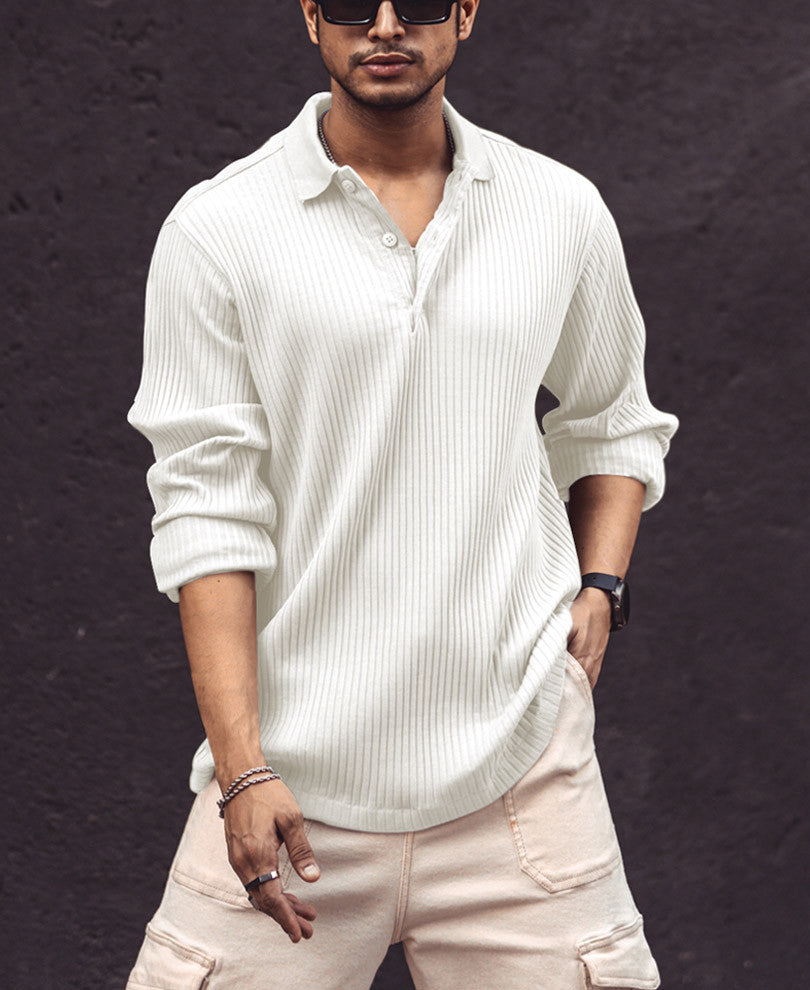 White Rib-Knit Full Sleeves T Shirt