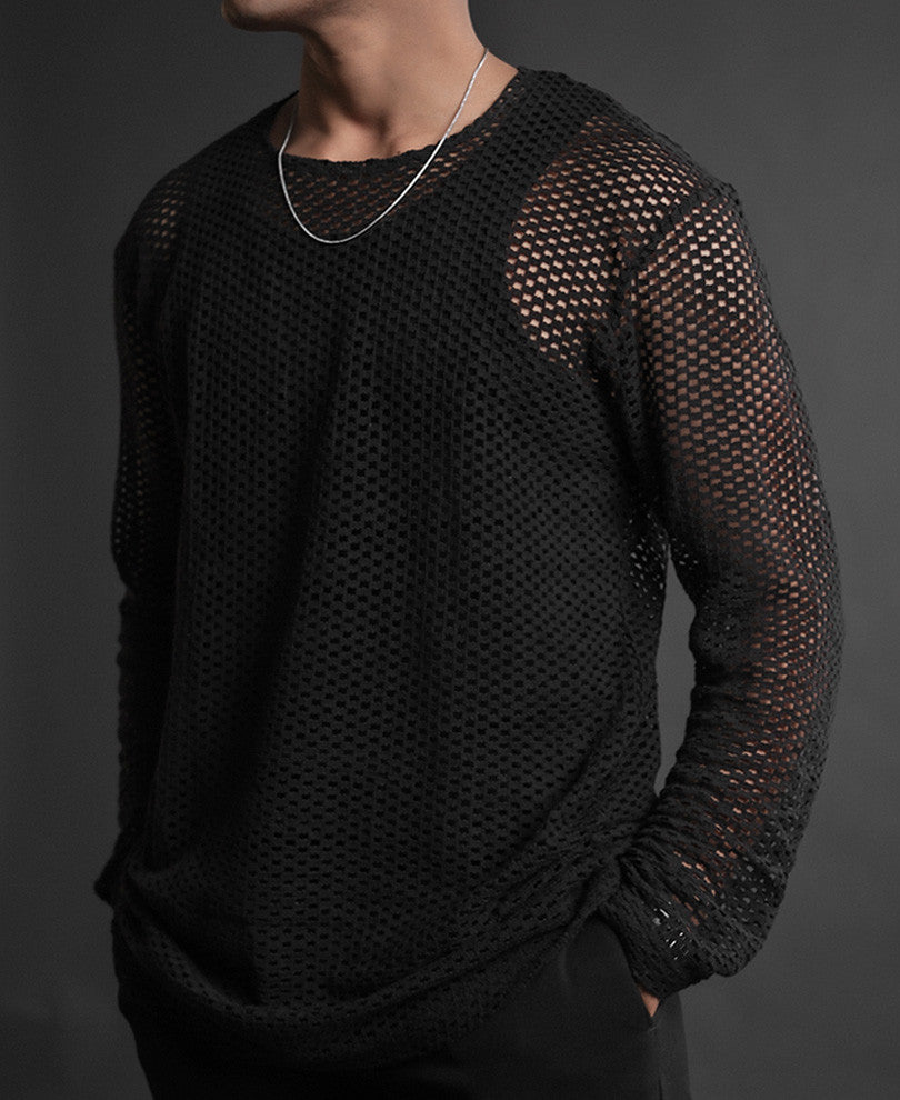 Black Crochet Full Sleeves Oversized T Shirt