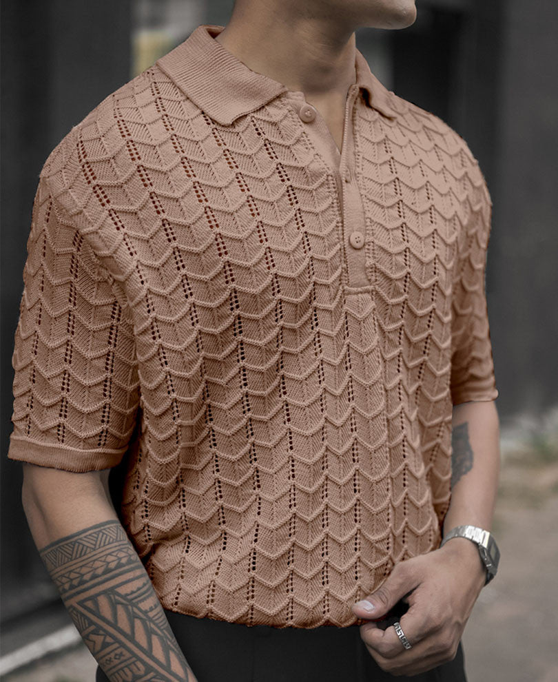 Beige Crochet Knit Half Sleeves T Shirt