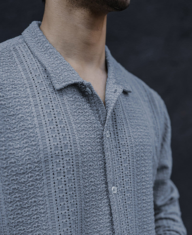 Sky Grey Structured Crochet Full Sleeves Shirt