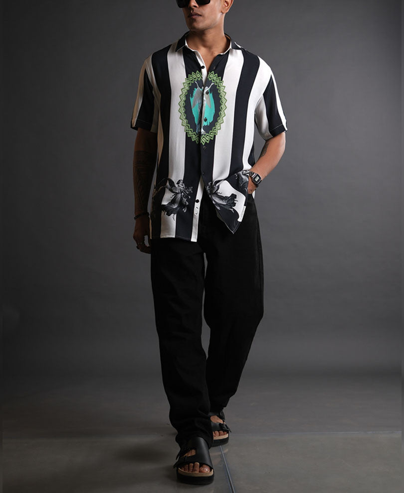 White and Black Striped Half Sleeves Shirt