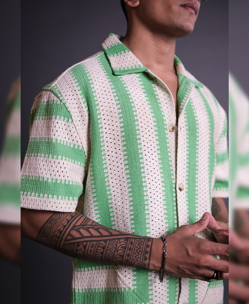 Off White and Green Crochet Knit Striped Oversized Shirt