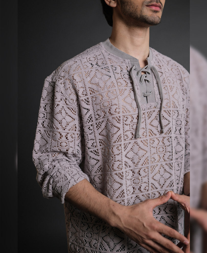Grey Crochet Knit Oversized Kurta Style Full Sleeves Shirt