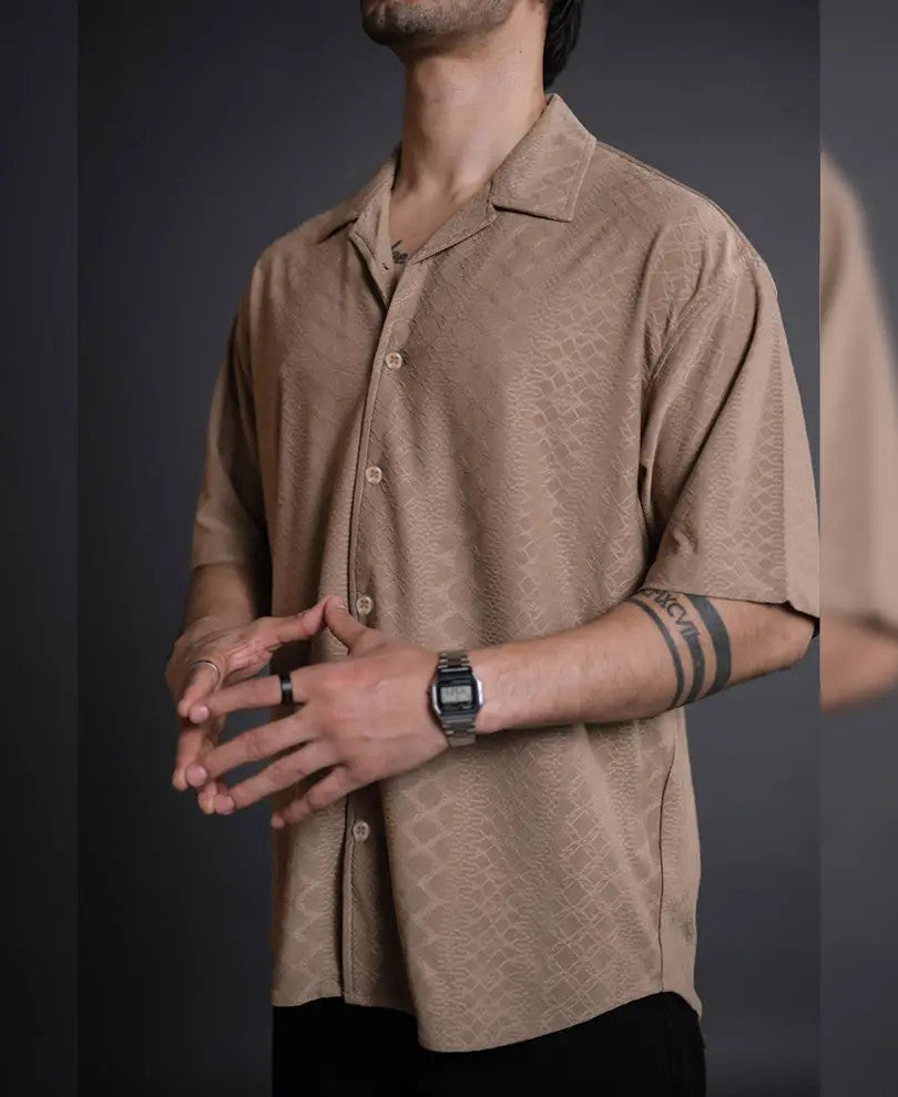 Camel Structured Oversized Half Sleeves Shirt