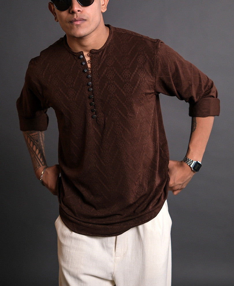 Brown Structured Kurta Style Full Sleeves Shirt