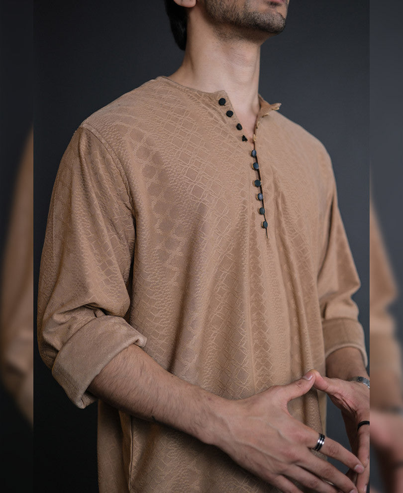 Camel Structured Kurta Style Full Sleeves Shirt