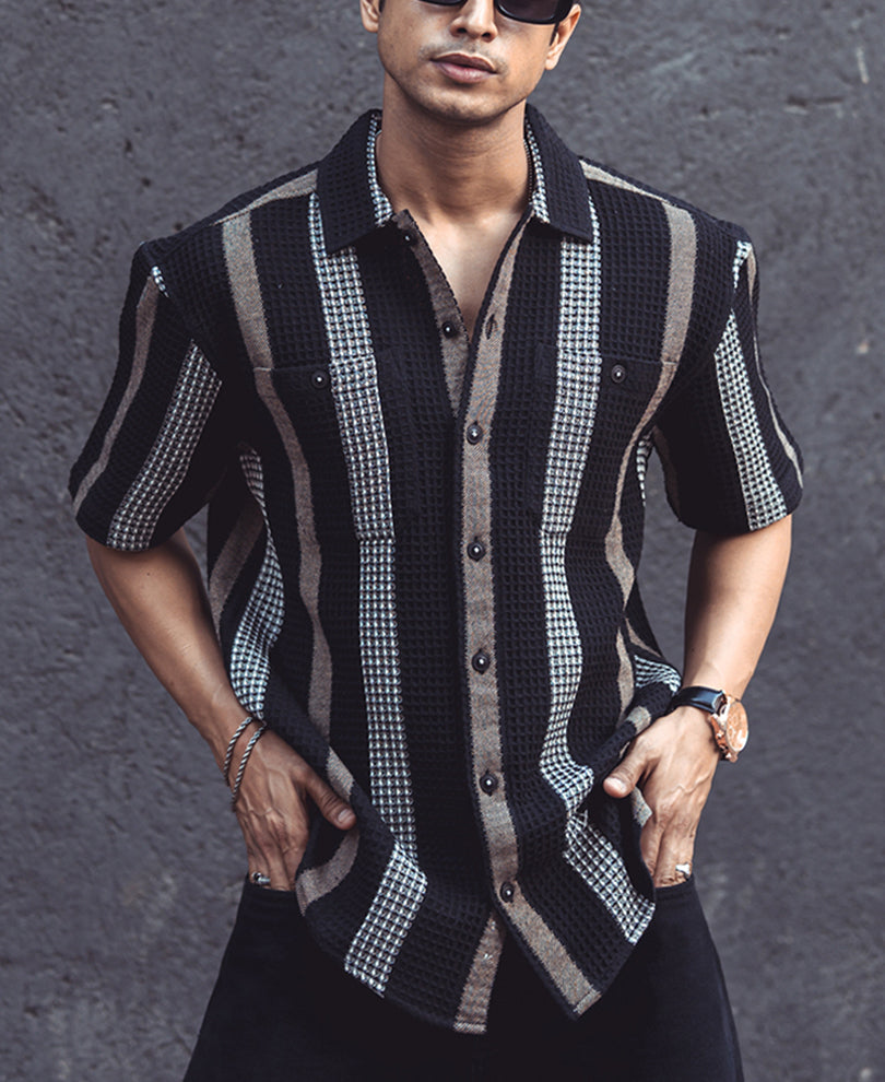 Black Structured Striped Half Sleeves Oversized Shirt