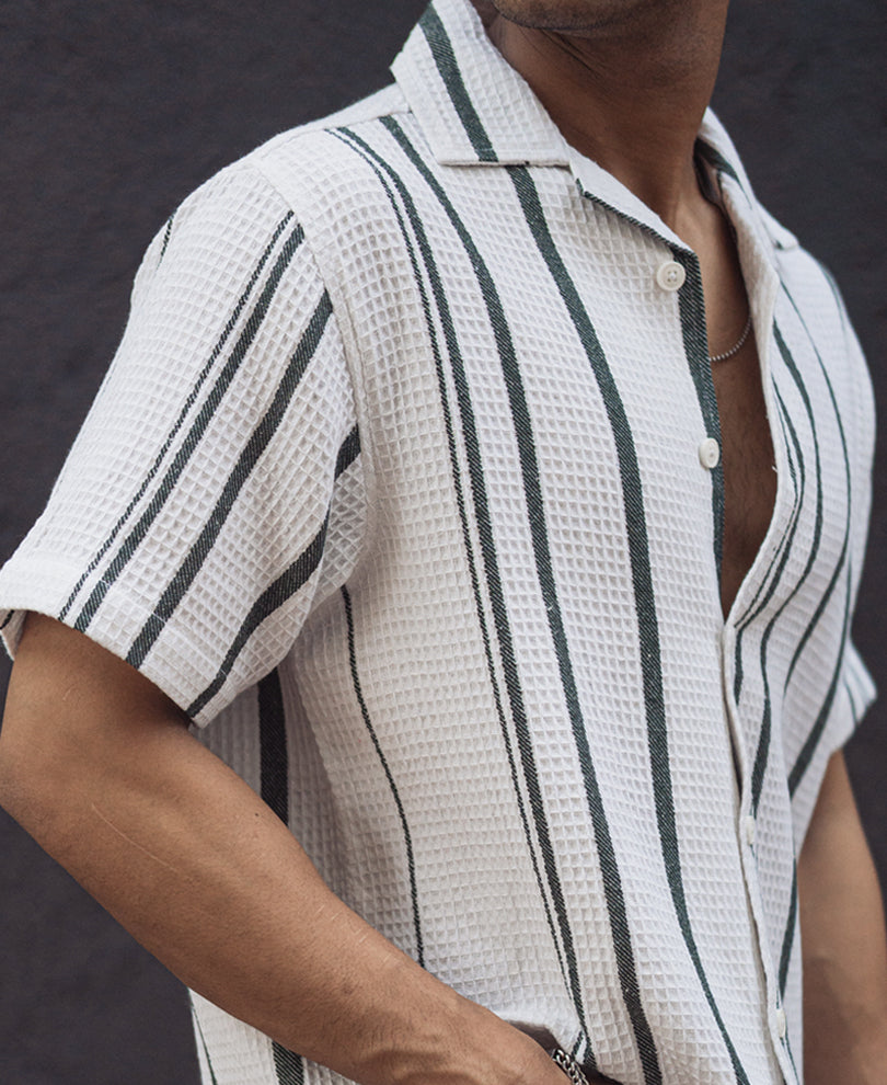 White and Green Structured Striped Regular Half Sleeve Shirt