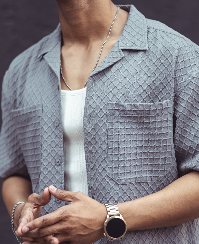 Grey Structured Oversized Double Pocket Half Sleeves Shirt