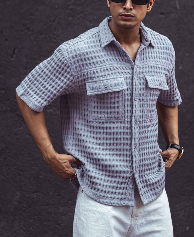 Sky Grey Structured Oversized Double Pocket Half Sleeves Shirt