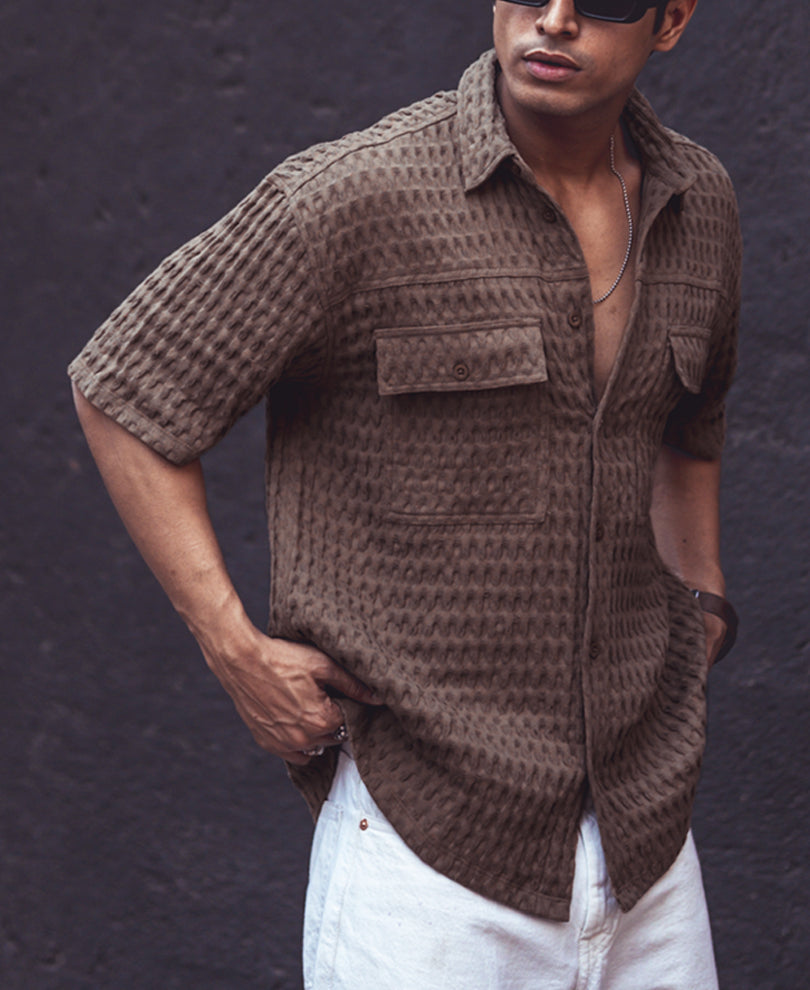 Brown Structured Oversized Double Pocket Half Sleeves Shirt