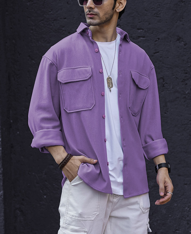 Purple Chest Pocket Shacket Oversize Drop Shoulder Shirt