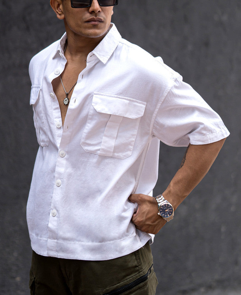 White Three Pockets Oversize Drop Shoulder Shirt