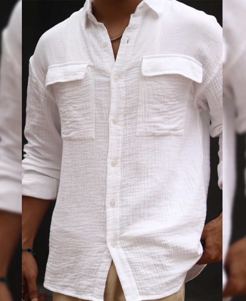 White Textured Oversize Drop Shoulder Shirt