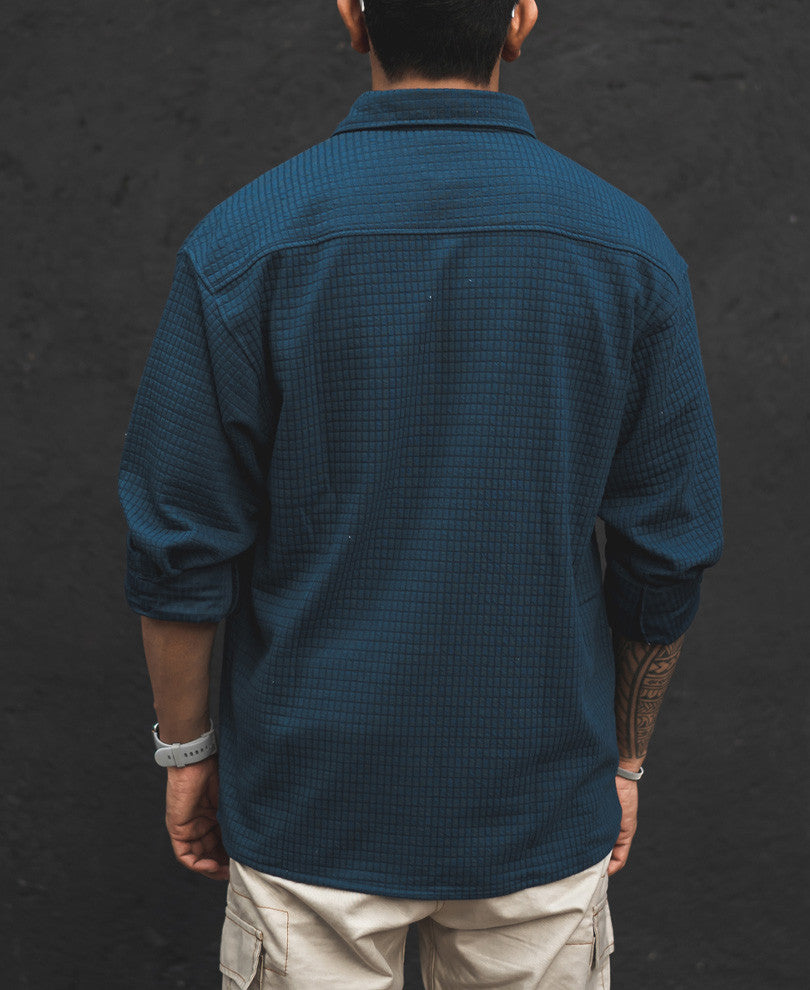 Teal Blue Structured Knit Shacket Oversized Shirt