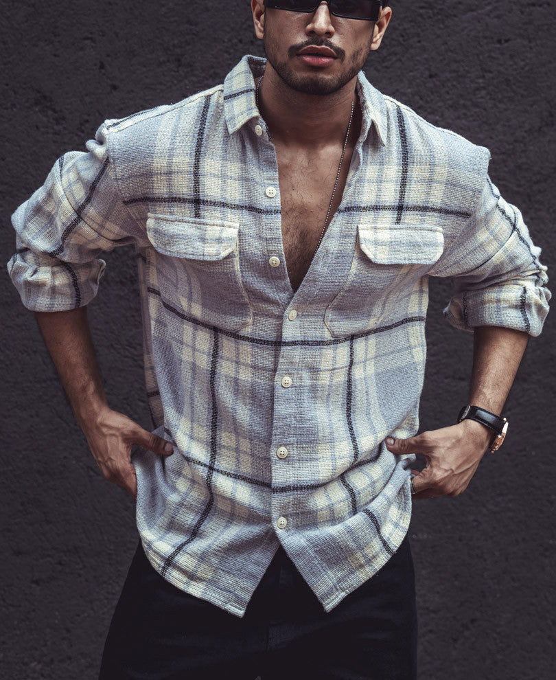 Light Grey Structured Checks Shacket Oversize Drop Shoulder Shirt