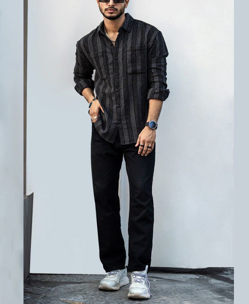 Charcoal Black Striped Structured Oversized Shirt