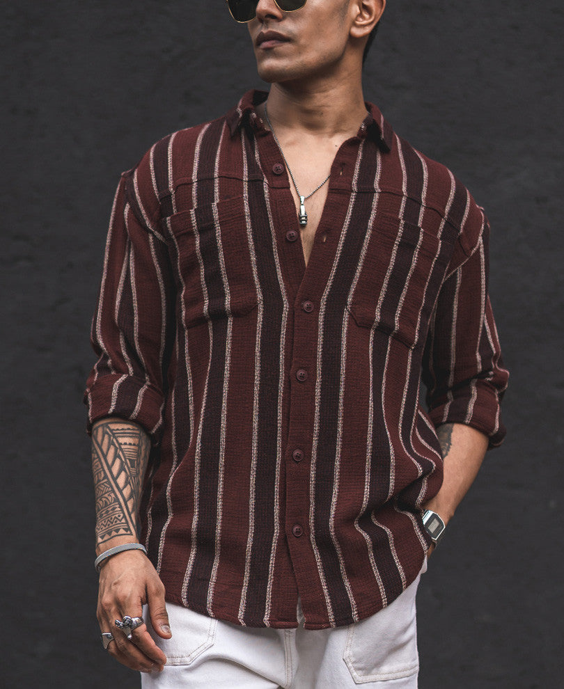 Brown and Maroon Structured Striped Oversized Shirt