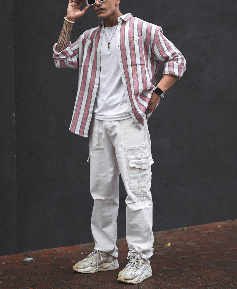 Peach Structured Striped Oversized Shirt
