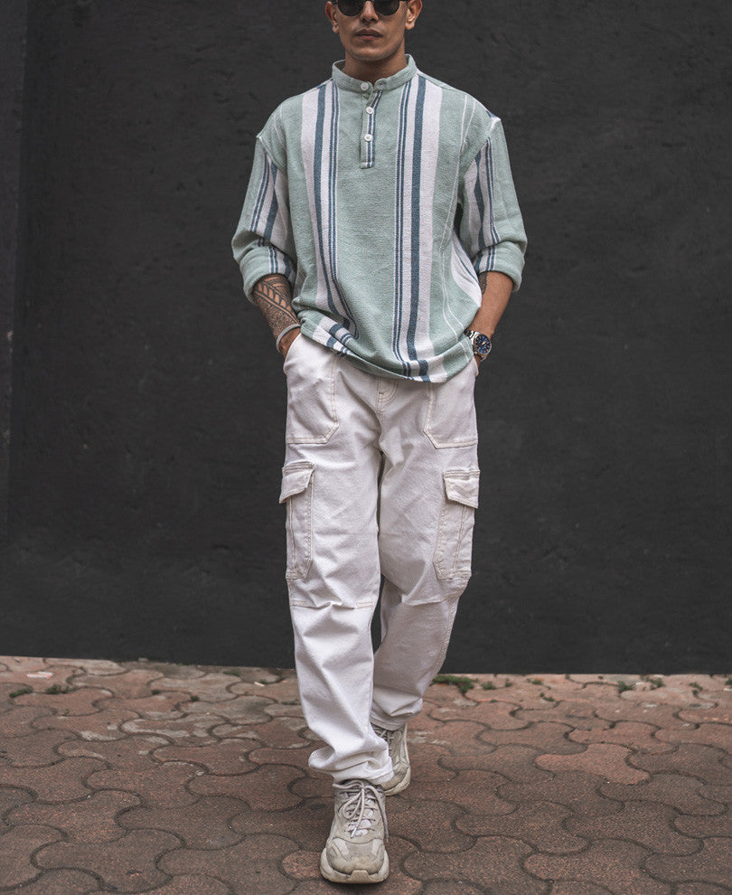Pista Green Structured Striped Kurta Style Oversized Shirt