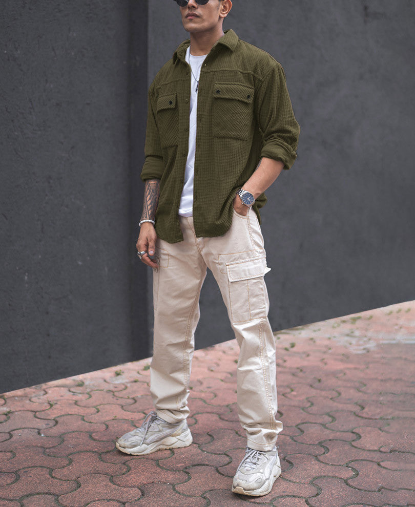 Olive Green Structured Knit Oversized Shirt