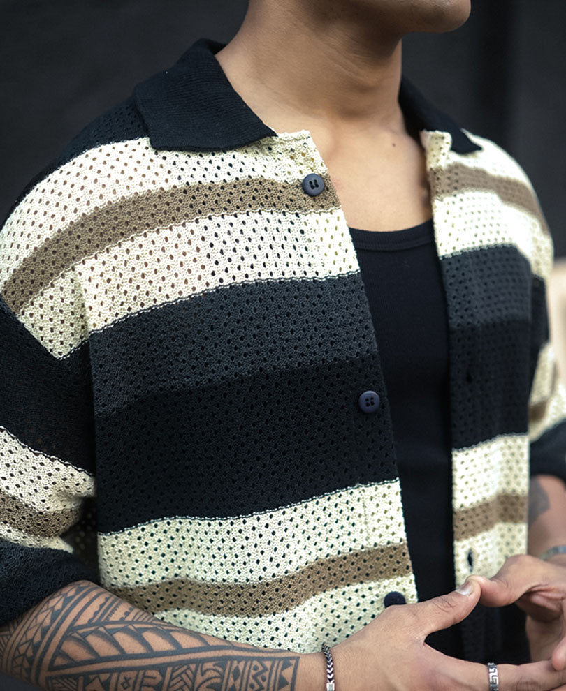 Multicolor Crochet Knit Striped Oversized Shirt