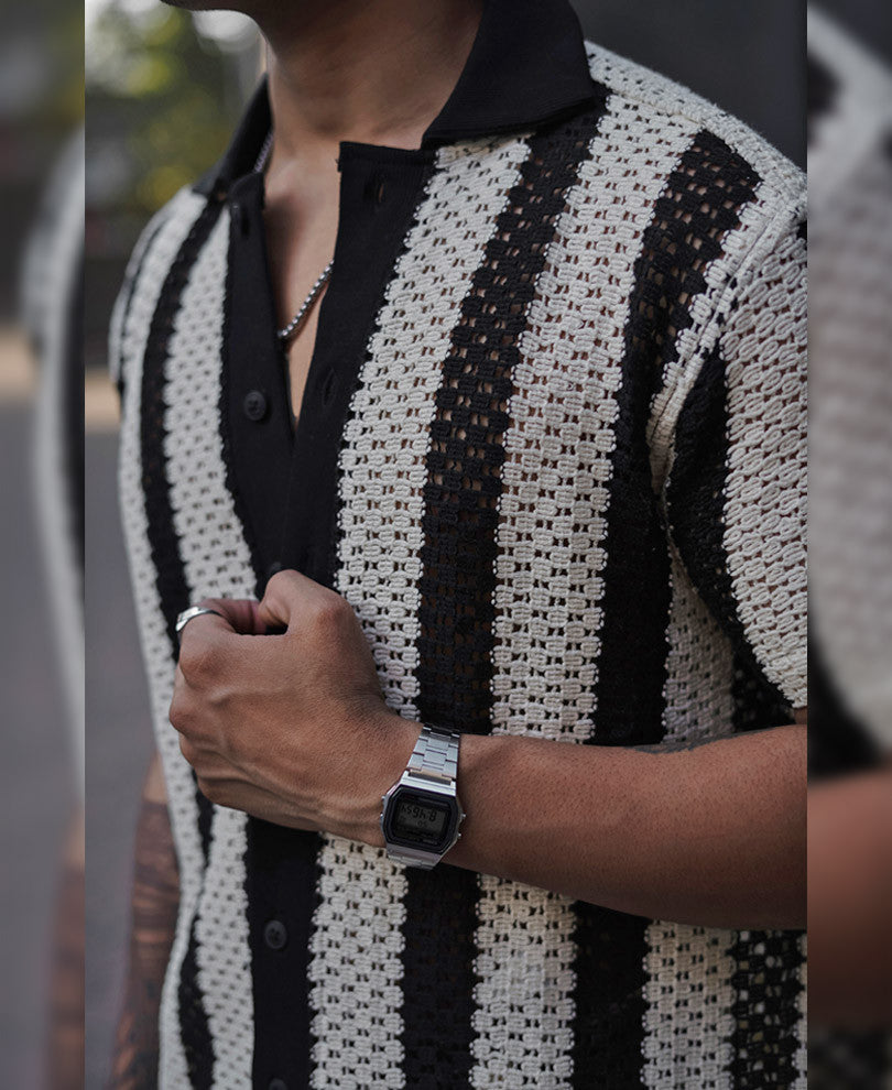 Black and White Crochet Knit Striped Shirt