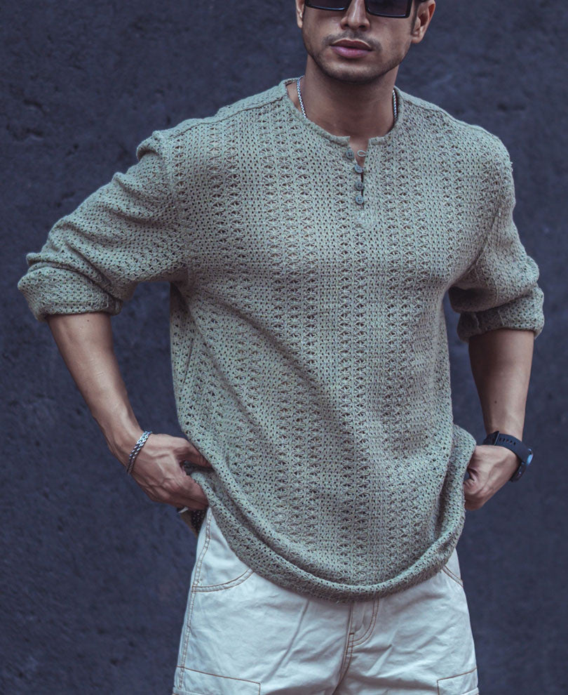 Green Crochet Knit Oversized Kurta Style Shirt