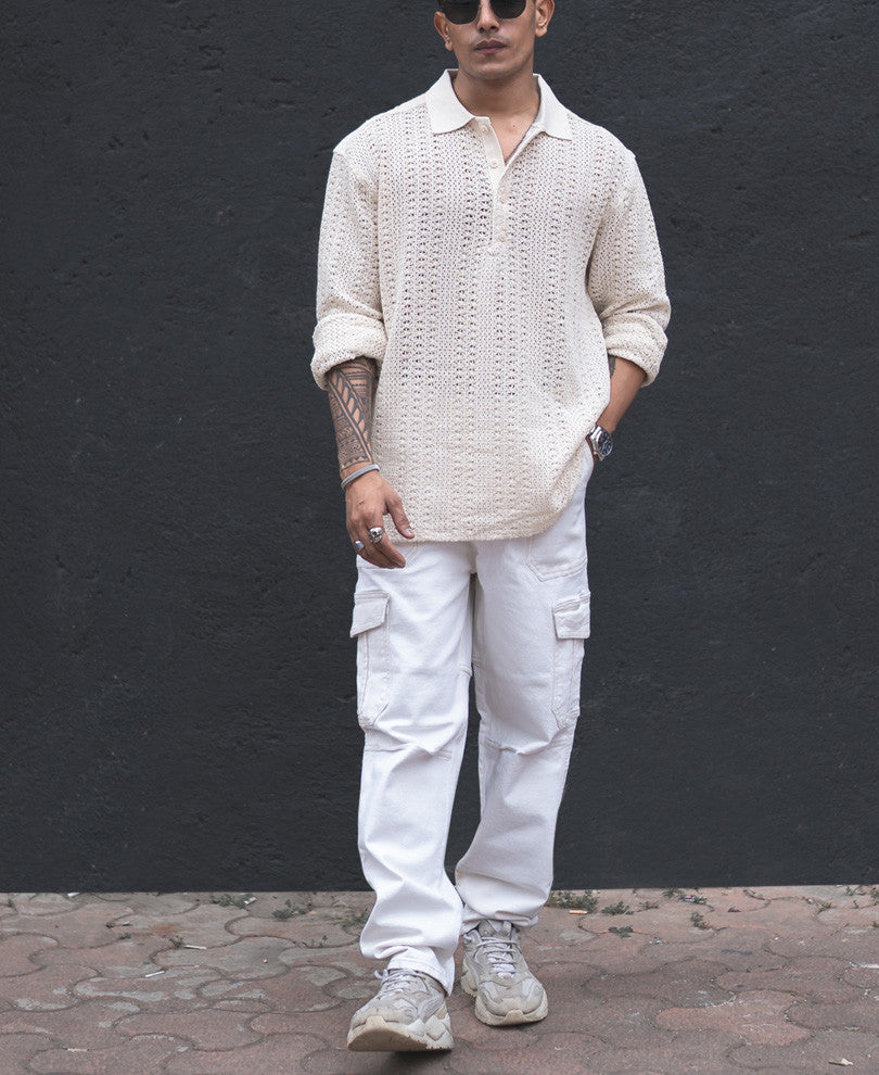 Light Cream Crochet Knit Oversized Kurta Style Shirt