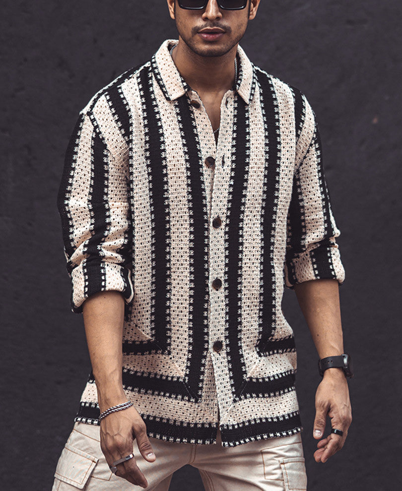 Black and White Crochet Knit Striped Oversized Shirt