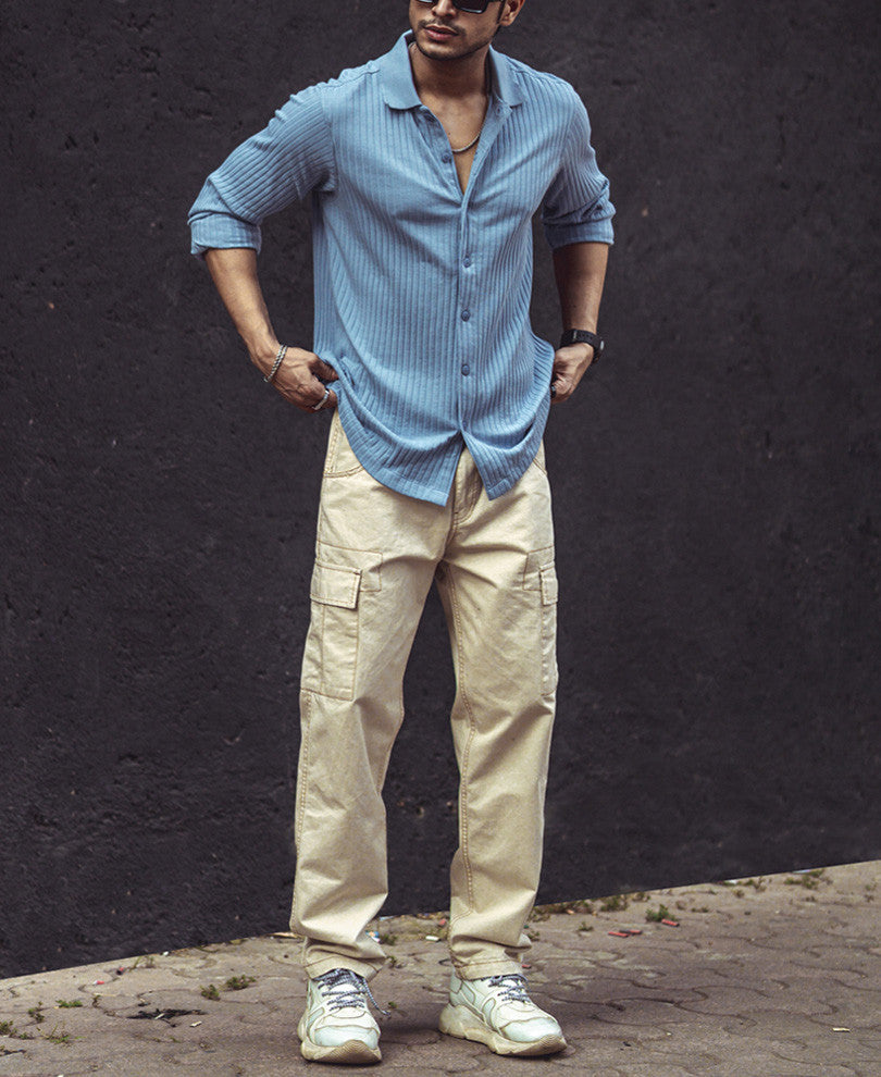 Sky Grey Rib-Knit Full Sleeves Shirt