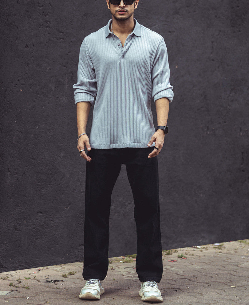 Light Grey Rib-Knit Full Sleeves T-Shirt