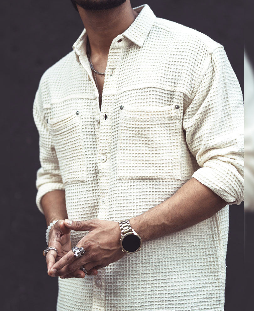 Off White Structured Oversized Full Sleeves Shirt
