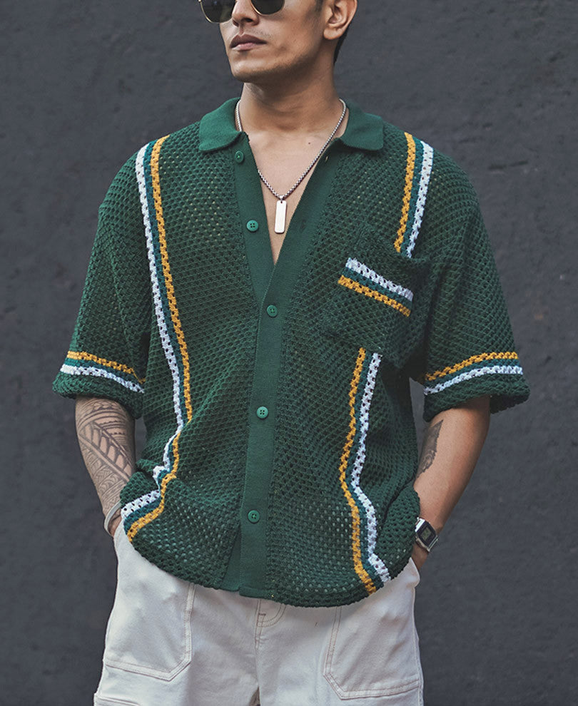 Dark Green Crochet Knit Striped Oversized Shirt