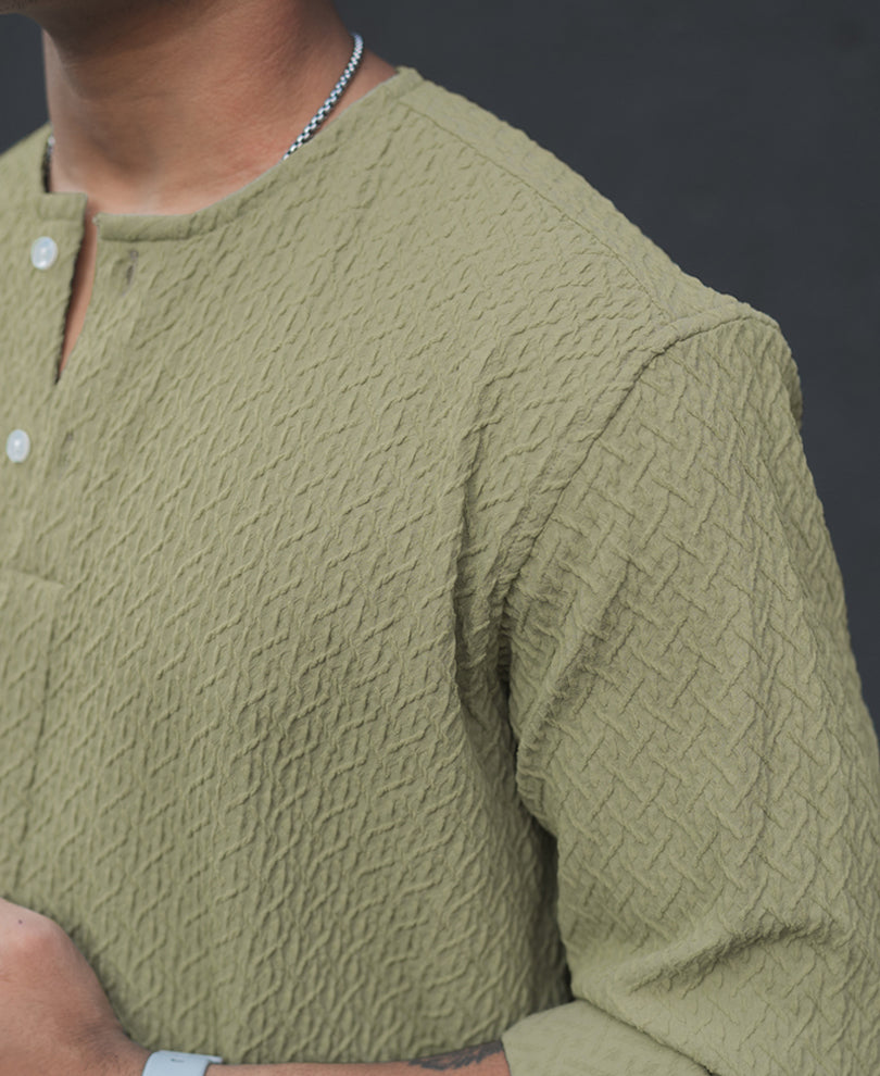 Olive Green Structured Henly Neck Full Sleeves Shirt