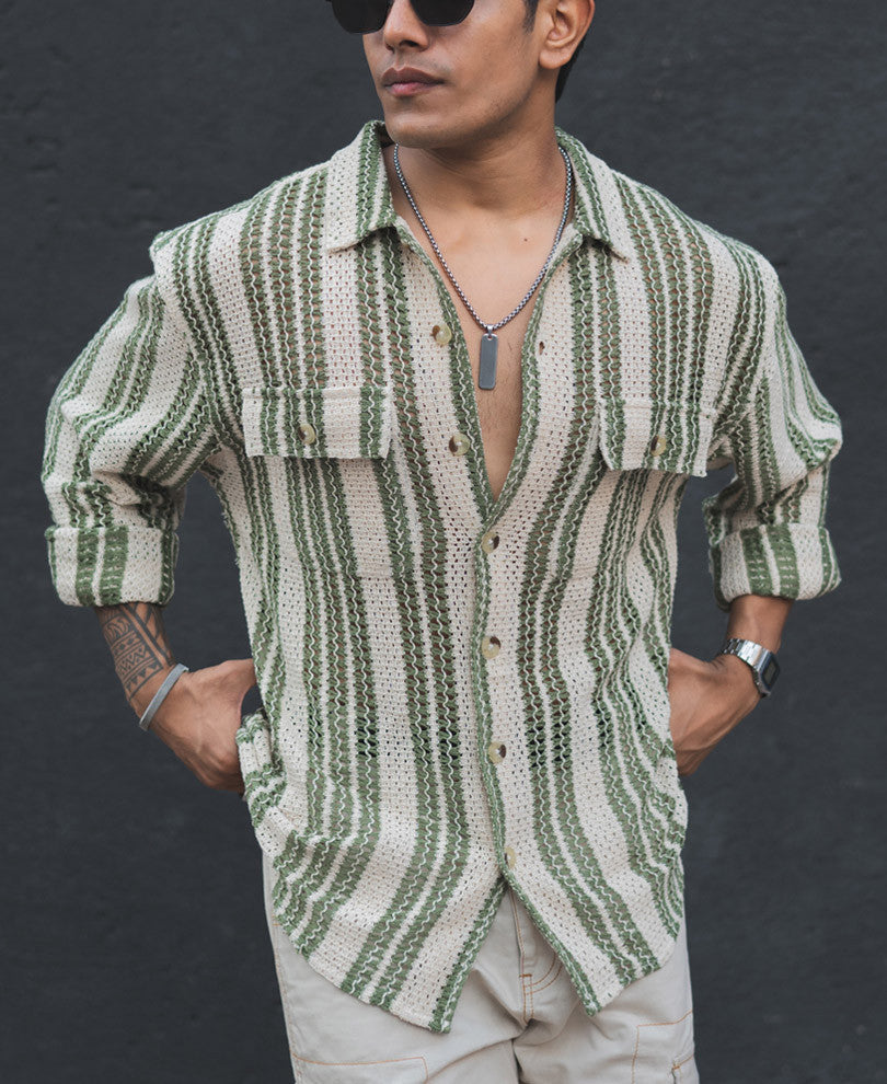 Off White and Green Crochet Striped Oversized Shirt