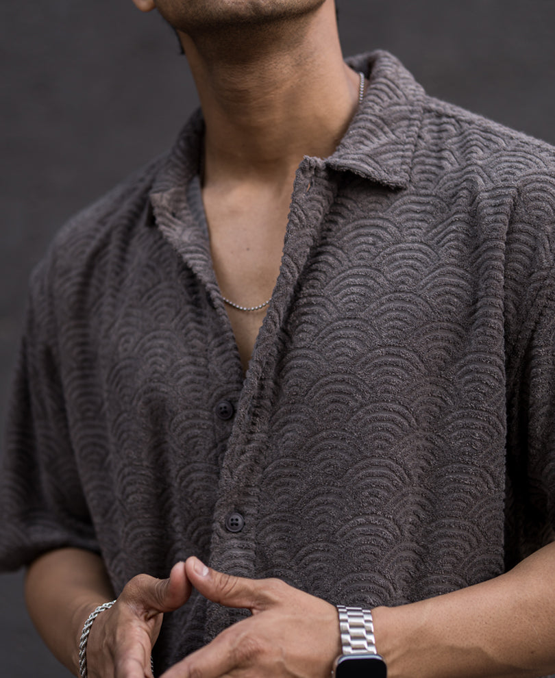 Grey Structured Jacquard Oversized Half Sleeves Shirt