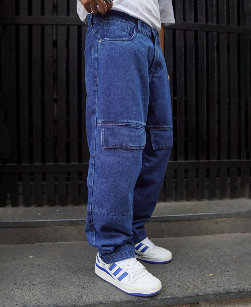 Dark Blue Denim Cargo Pocket Baggy Fit Jeans