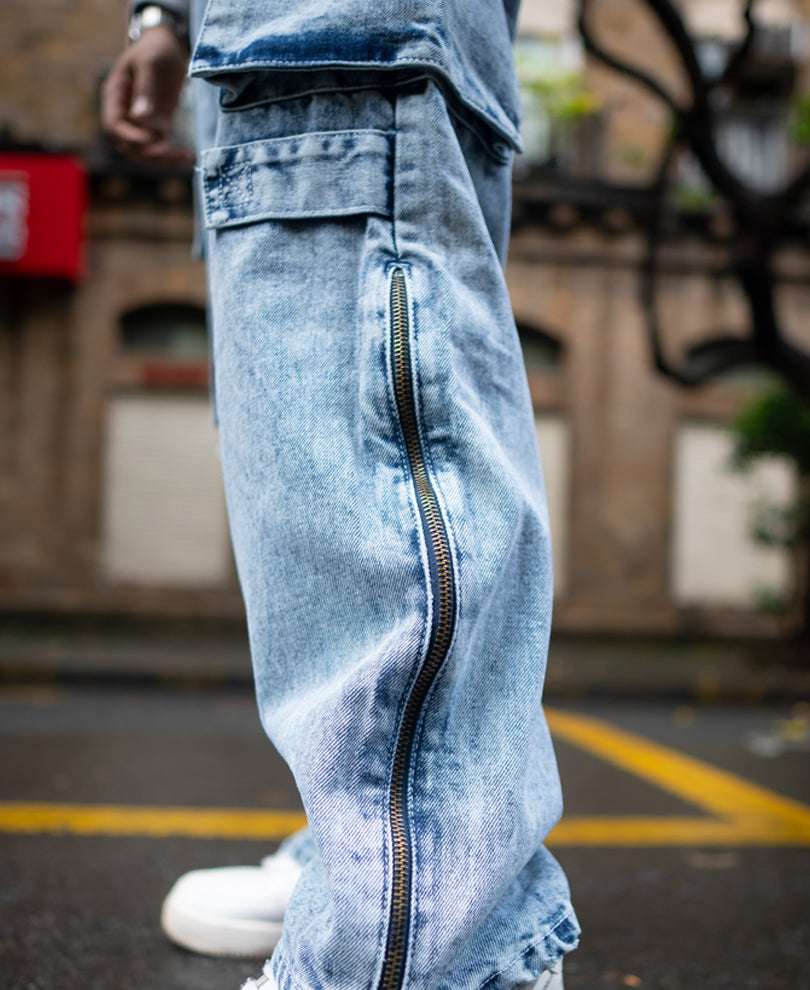 Ice Blue Baggy Fit Cargo Pocket Denim Jeans