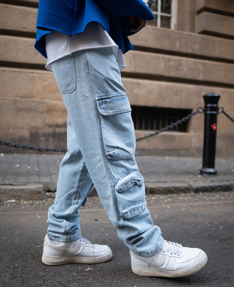 Ice Blue Baggy Fit Denim Jeans With Pockets