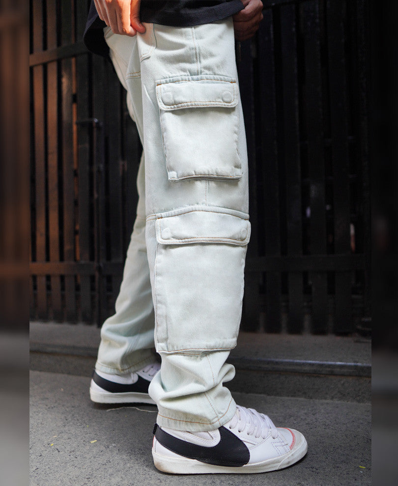 Faded Blue Cargo Denim Baggy Fit Jeans