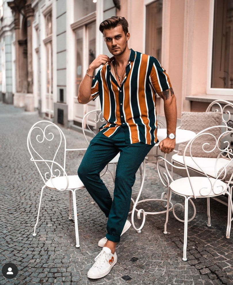 Mustard And Olive Green Stripes Print Half Sleeves Shirt