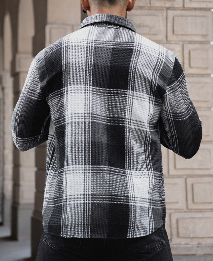 Black and White Checked Regular Fit Full Sleeve Waffle Shirt
